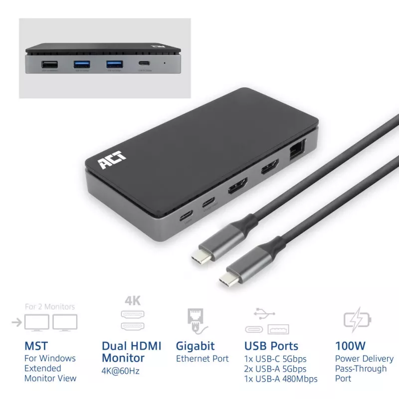 ACT Estación de acoplamiento USB-C 4K MST para 2 monitores HDMI, Ethernet, USB-C, 3x USB-A, PD-Passthrough y 1 metro de cable de conexión extraíble