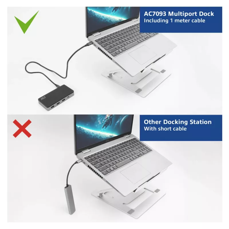 ACT Estación de acoplamiento USB-C 4K MST para 2 monitores HDMI, Ethernet, USB-C, 3x USB-A, PD-Passthrough y 1 metro de cable de conexión extraíble