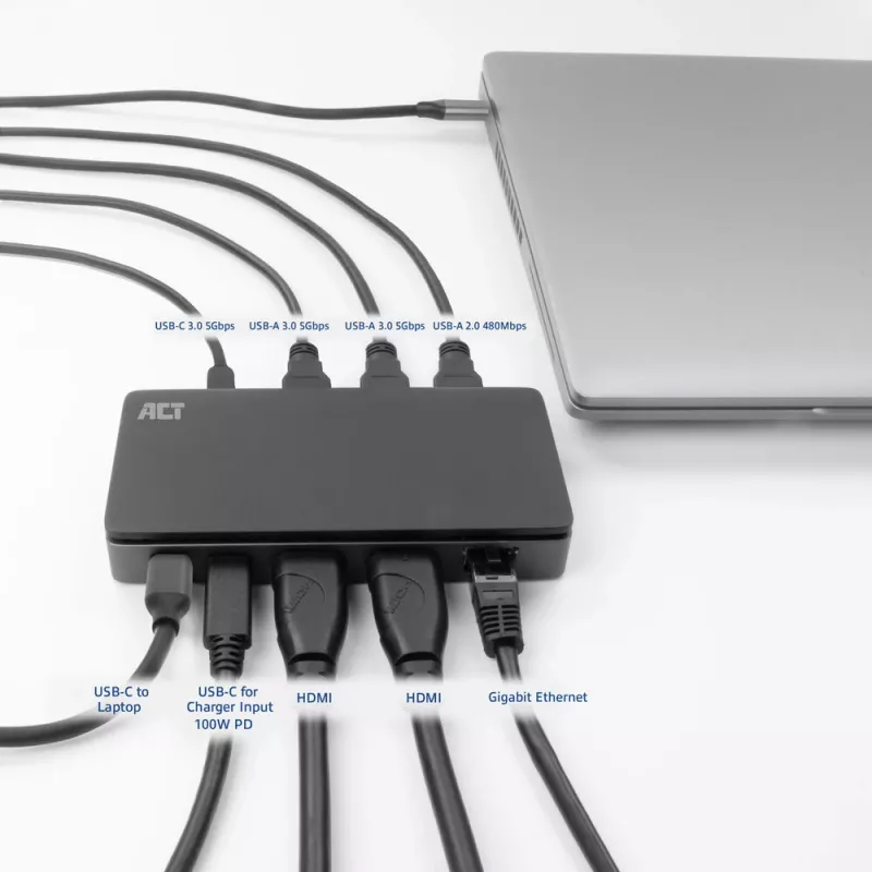 ACT Estación de acoplamiento USB-C 4K MST para 2 monitores HDMI, Ethernet, USB-C, 3x USB-A, PD-Passthrough y 1 metro de cable de conexión extraíble