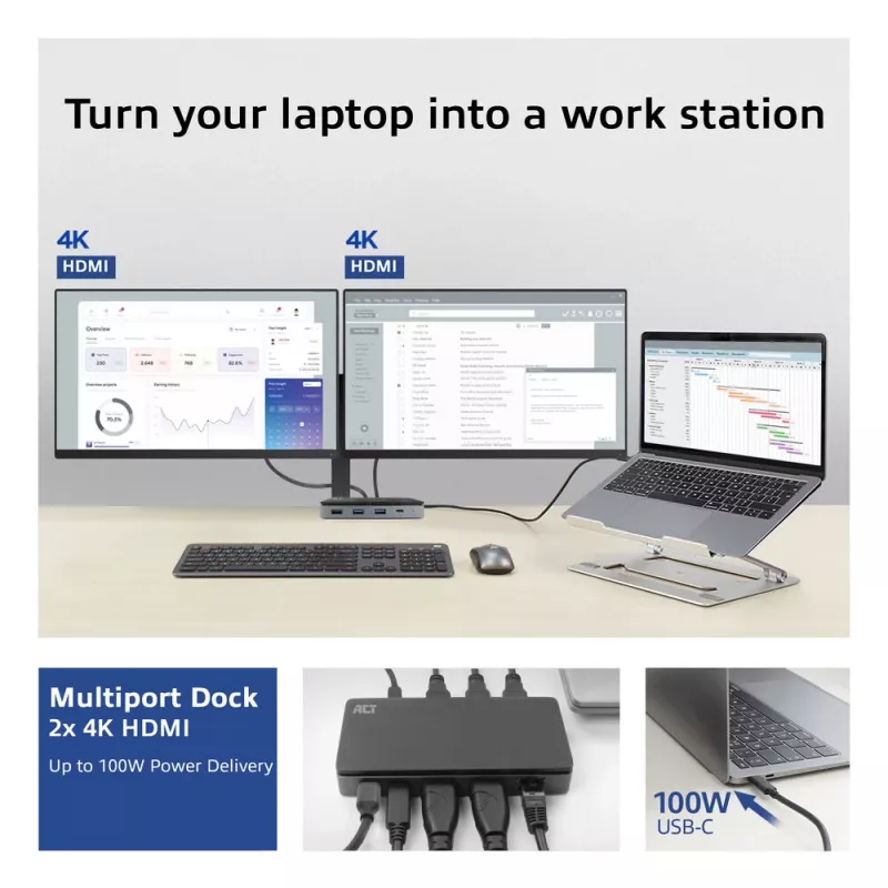 ACT Estación de acoplamiento USB-C 4K MST para 2 monitores HDMI, Ethernet, USB-C, 3x USB-A, PD-Passthrough y 1 metro de cable de conexión extraíble