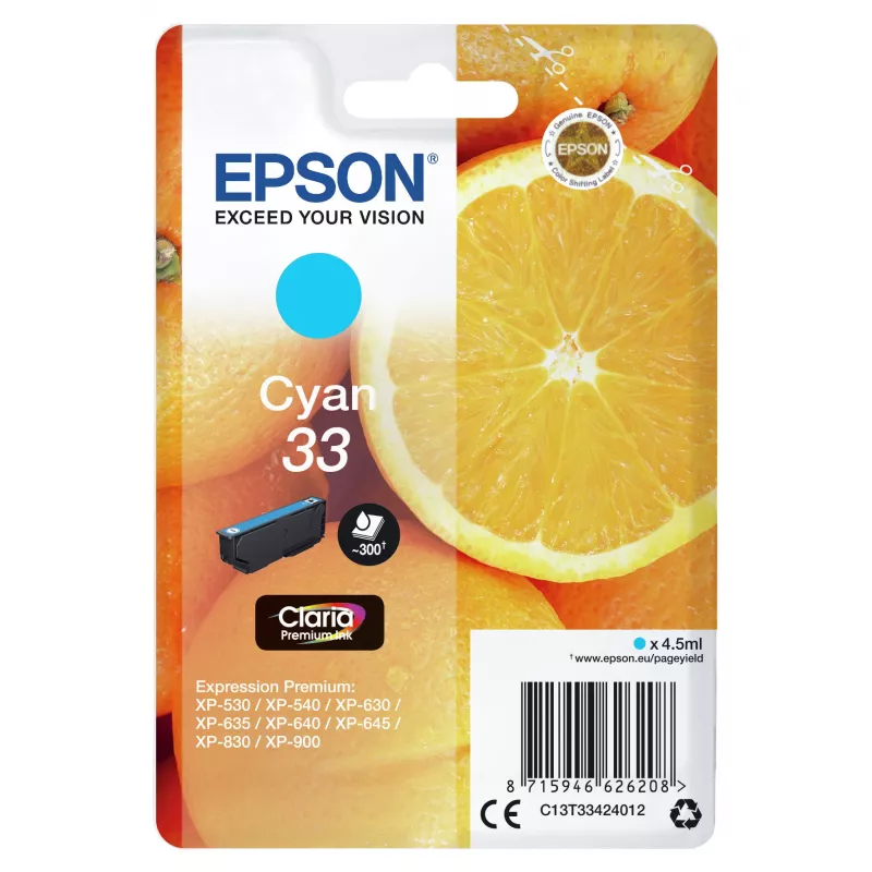 Epson Pack individual naranja cian 33 Claria Premium tinta, cian, 4,5 ml, 1 ud., 300 páginas