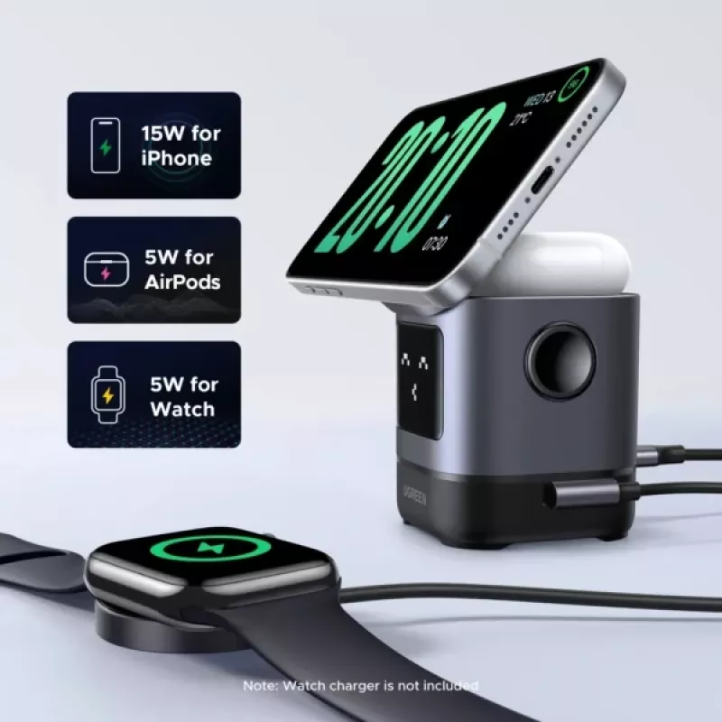 Cargador UGREEN 45775 — cargador rápido inalámbrico de CA para interiores, universal, 1× USB-C, negro/gris