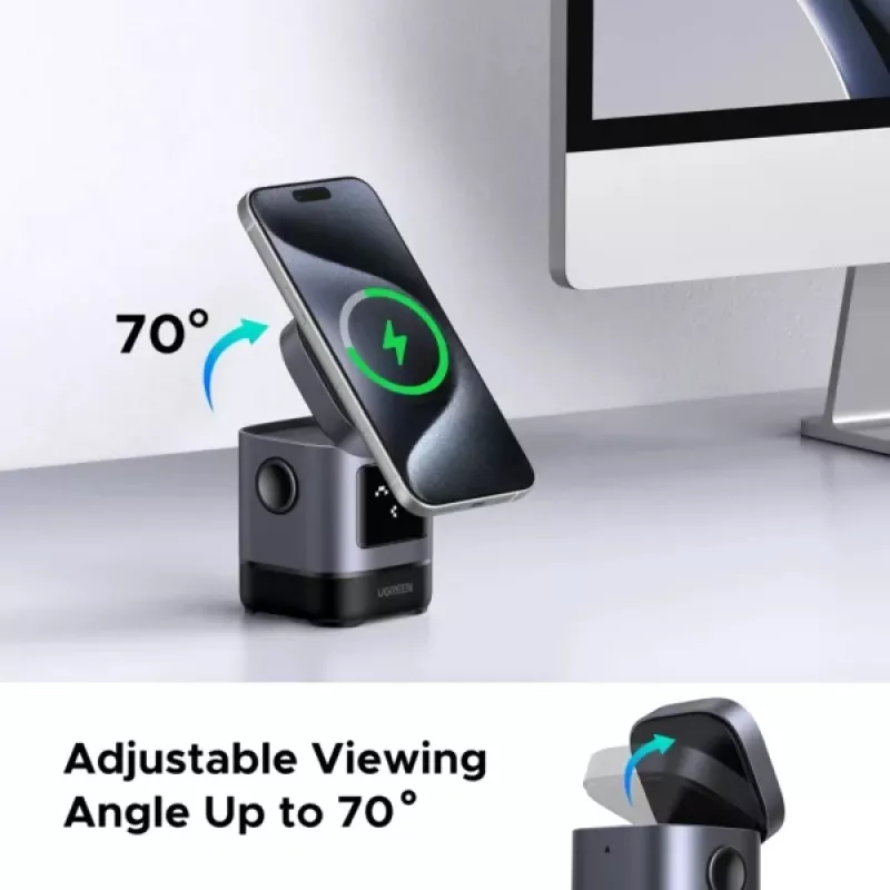 Cargador UGREEN 45775 — cargador rápido inalámbrico de CA para interiores, universal, 1× USB-C, negro/gris
