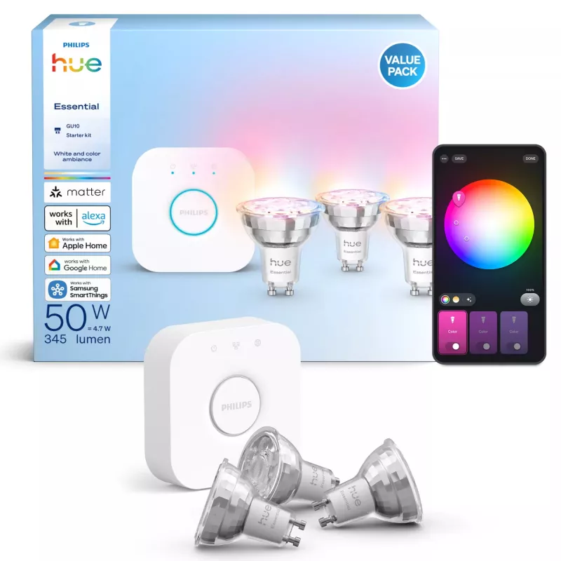 Philips Hue White and Colour Ambience Essential Starter-Kit: 3 bombillas inteligentes GU10 (345 lm)