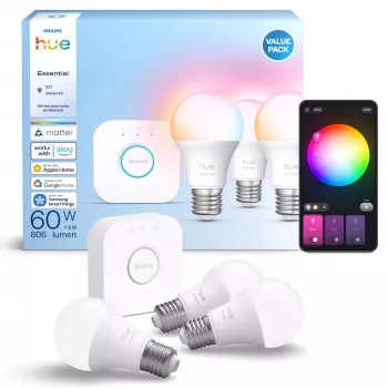 Kit de iluminación inteligente Philips Hue White and Colour Ambience Essential – 3 bombillas inteligentes E27, 806 lm, 8 W, Bluetooth/Zigbee