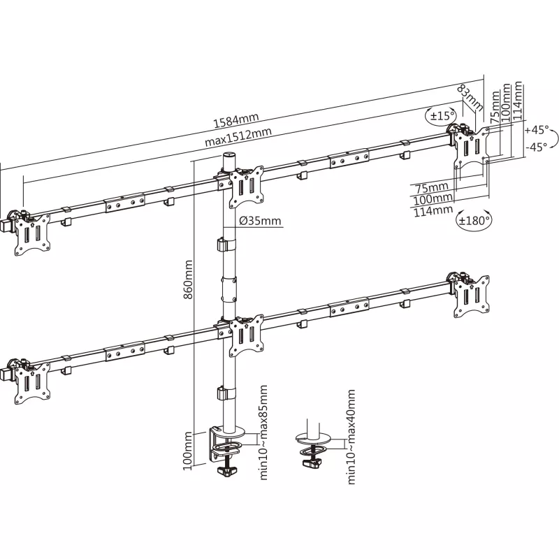 Soporte de mesa InLine para 6x TV / LED / TFT hasta 81cm 32 pulgadas máx. 7kg negro