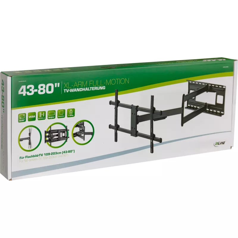 Soporte de pared para TV InLine XL-Arm Full-Motion, para televisor plano de 43-80 pulgadas, máx. 50kg