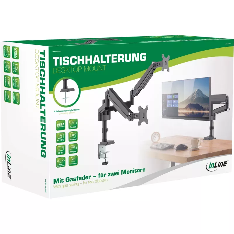 Soporte de mesa con elevador InLine para dos monitores hasta 82 cm (32