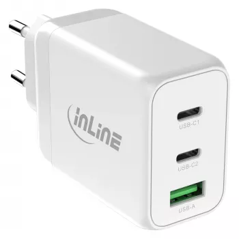 Cargador móvil InLine 31506E — Cargador rápido universal de CA para interiores, entrada 100–240 V, salida hasta 20 V/5 A, 1x USB-A, 2x USB-C, blanco