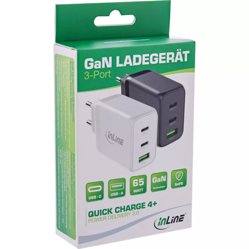Cargador móvil InLine 31506E — Cargador rápido universal de CA para interiores, entrada 100–240 V, salida hasta 20 V/5 A, 1x USB-A, 2x USB-C, blanco