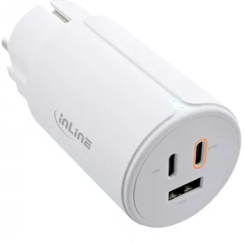 Fuente de alimentación USB PD InLine, cargador GaN, 3 puertos, Dual-USB-C + USB-A, 65W, blanco