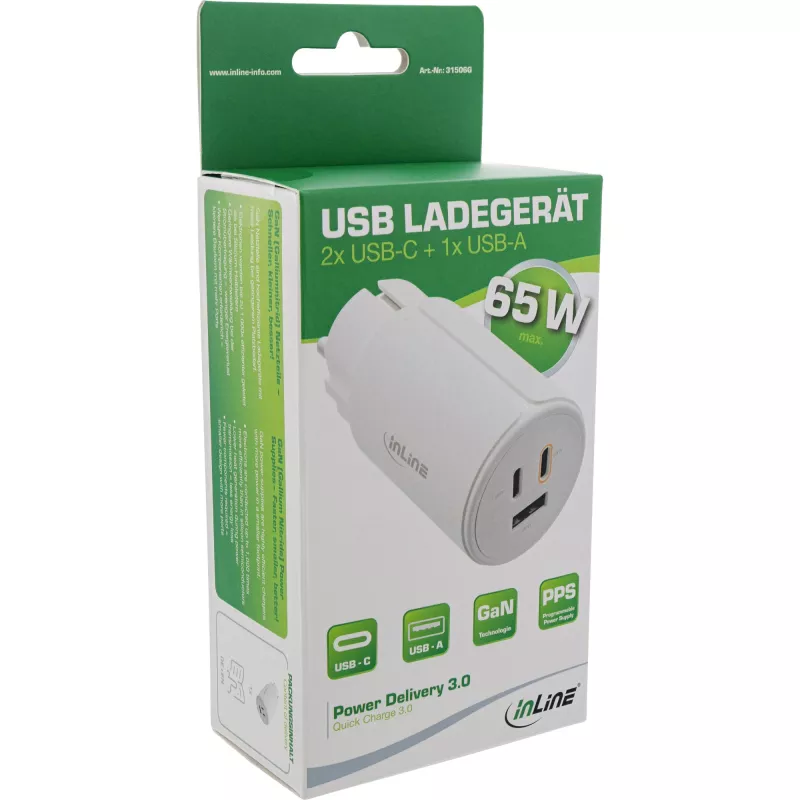 Fuente de alimentación USB PD InLine, cargador GaN, 3 puertos, Dual-USB-C + USB-A, 65W, blanco