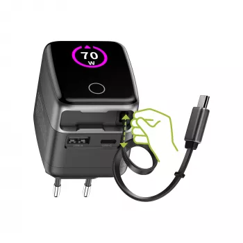Fuente de alimentación USB InLine, 70 W, GaN, USB-C PD + USB-A QC, cable 60 cm, negro