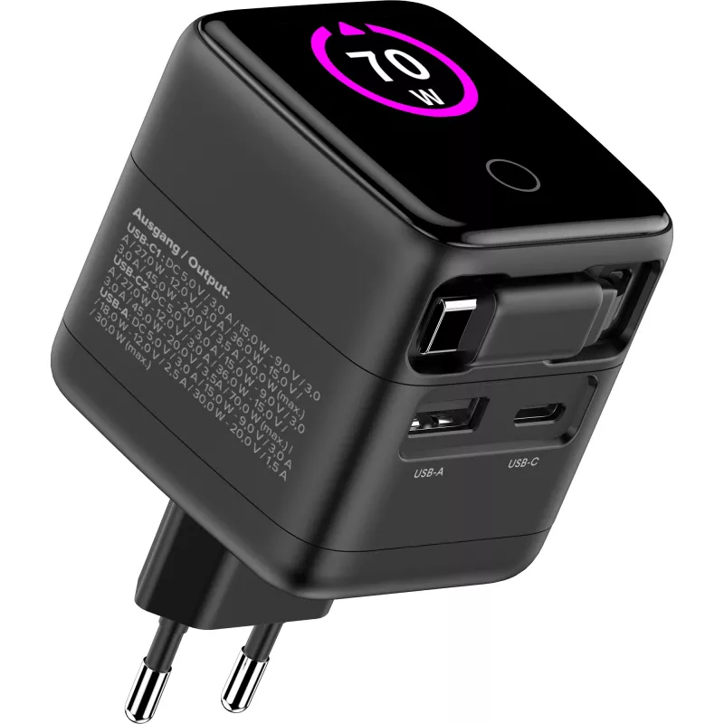 Fuente de alimentación USB InLine, 70 W, GaN, USB-C PD + USB-A QC, cable 60 cm, negro