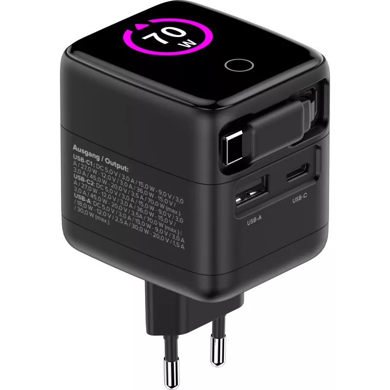 Fuente de alimentación USB InLine, 70 W, GaN, USB-C PD + USB-A QC, cable 60 cm, negro