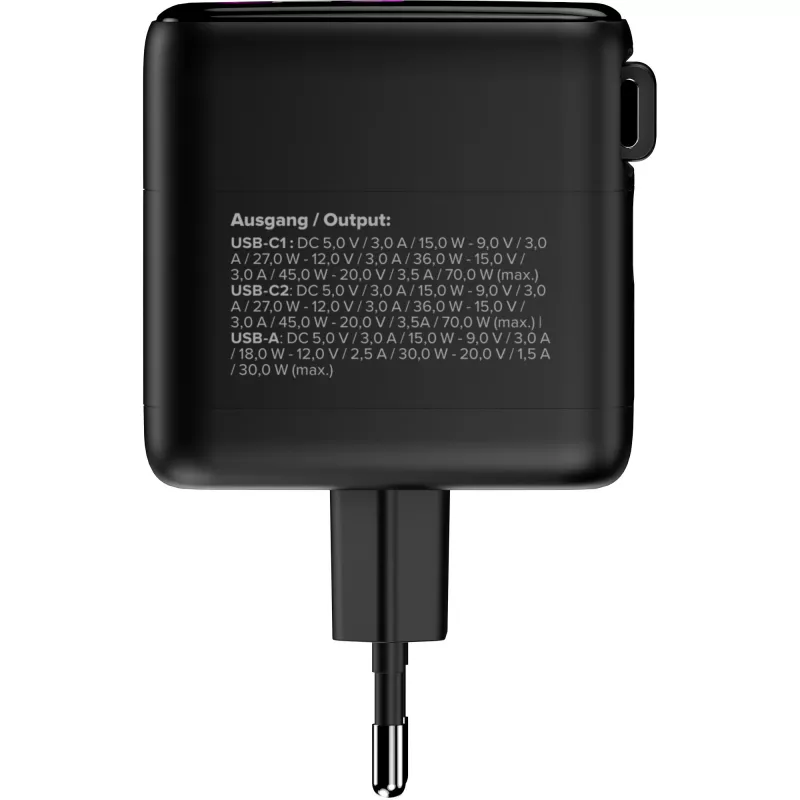 Fuente de alimentación USB InLine, 70 W, GaN, USB-C PD + USB-A QC, cable 60 cm, negro