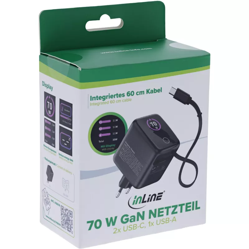 Fuente de alimentación USB InLine, 70 W, GaN, USB-C PD + USB-A QC, cable 60 cm, negro
