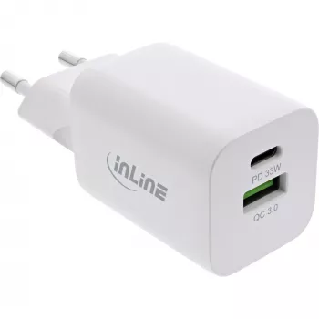 Fuente de alimentación USB InLine, cargador USB-A + USB-C, 33W, PD + QC, blanco