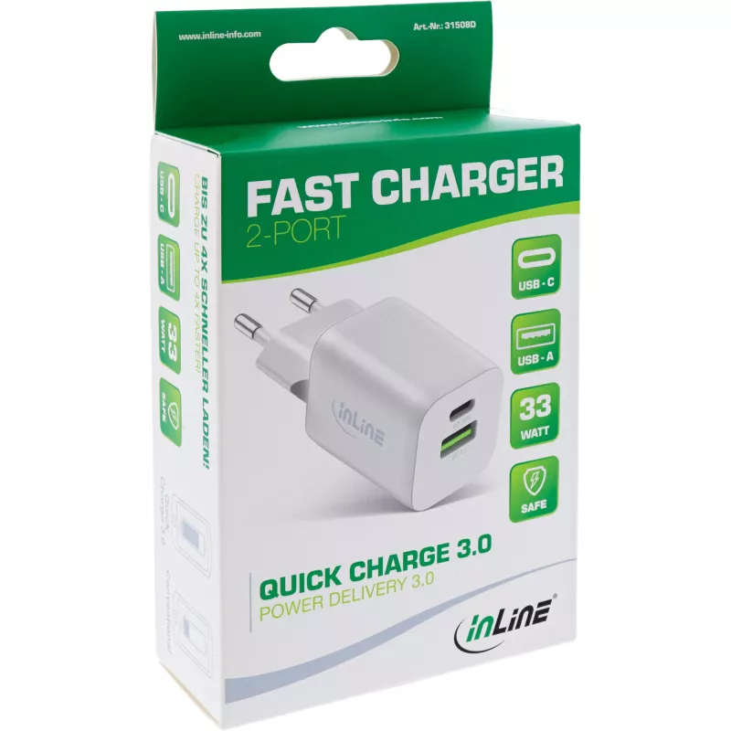 Fuente de alimentación USB InLine, cargador USB-A + USB-C, 33W, PD + QC, blanco