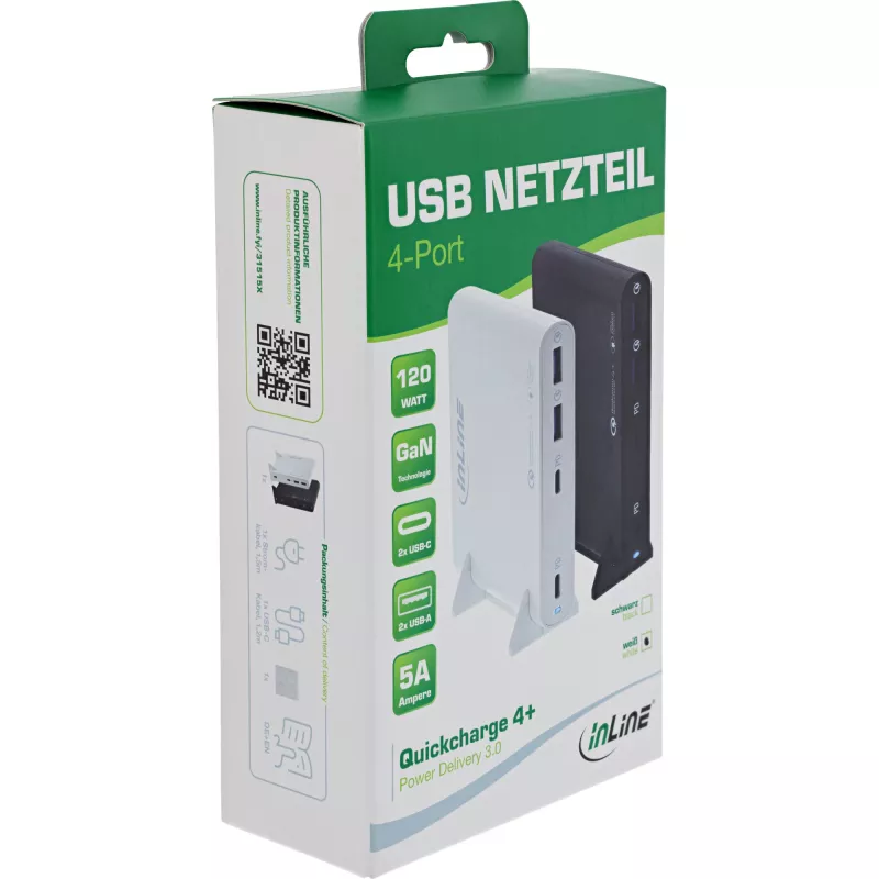 InLine Fuente de alimentación USB GaN, 4 puertos, 2x USB-C + 2x USB-A, 120 W, negro (31515B)