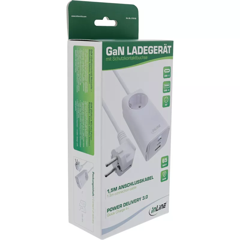 Fuente de alimentación USB InLine, cargador GaN, 2x USB-C, 1x USB-A, PD 3.0, toma de seguridad