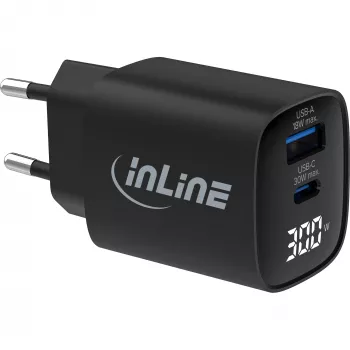 Fuente de alimentación USB PD InLine, cargador GaN, 2 puertos, USB-C + USB-A, 30W, con pantalla