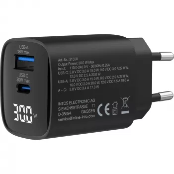 Fuente de alimentación USB PD InLine, cargador GaN, 2 puertos, USB-C + USB-A, 30W, con pantalla