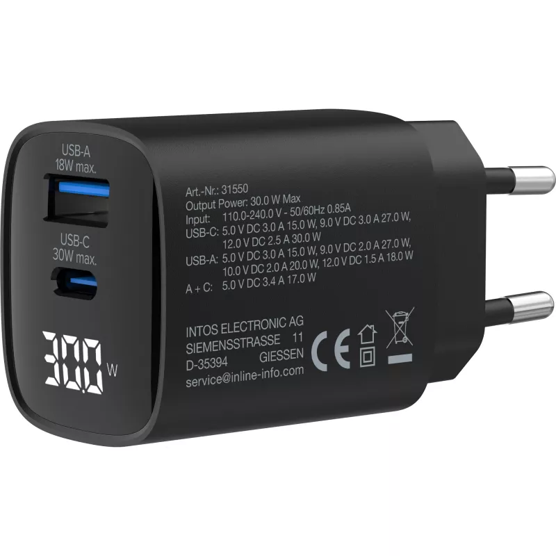 Fuente de alimentación USB PD InLine, cargador GaN, 2 puertos, USB-C + USB-A, 30W, con pantalla