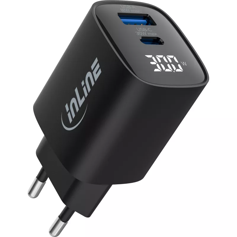 Fuente de alimentación USB PD InLine, cargador GaN, 2 puertos, USB-C + USB-A, 30W, con pantalla