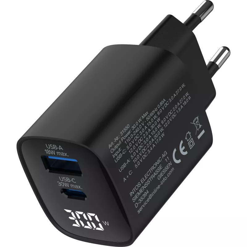 Fuente de alimentación USB PD InLine, cargador GaN, 2 puertos, USB-C + USB-A, 30W, con pantalla