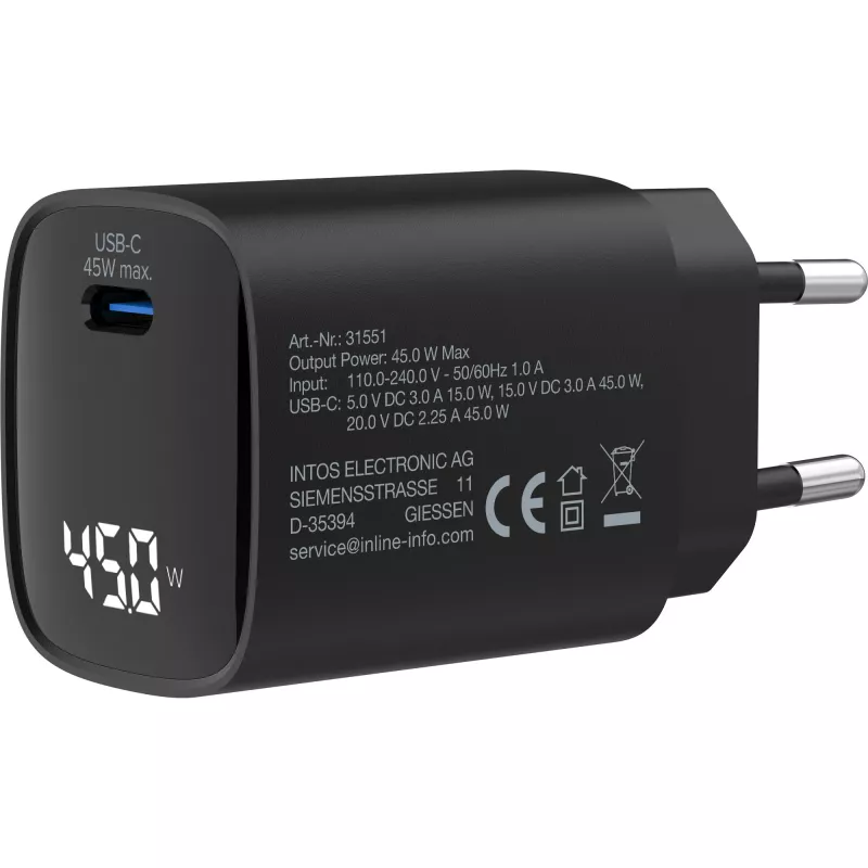 Fuente de alimentación USB PD InLine, cargador GaN, 1 puerto, USB-C, 45W, con indicador