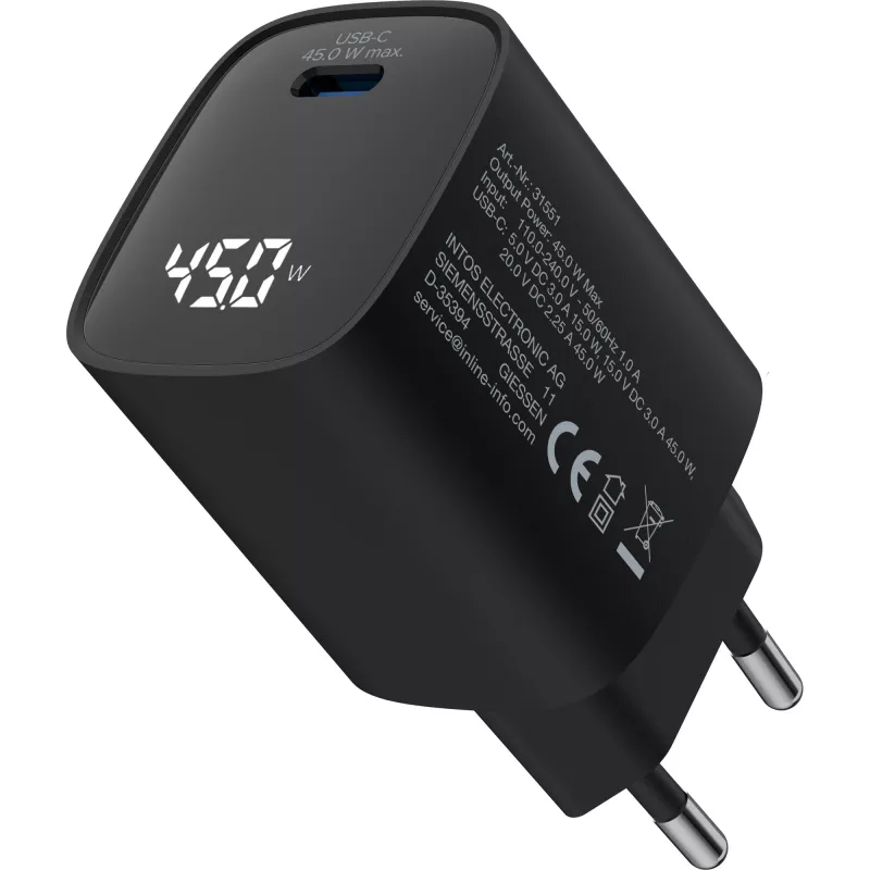 Fuente de alimentación USB PD InLine, cargador GaN, 1 puerto, USB-C, 45W, con indicador