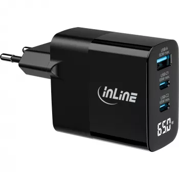 Fuente de alimentación USB PD InLine, cargador GaN, 3 puertos, USB-C + USB-A, 65 W, con pantalla