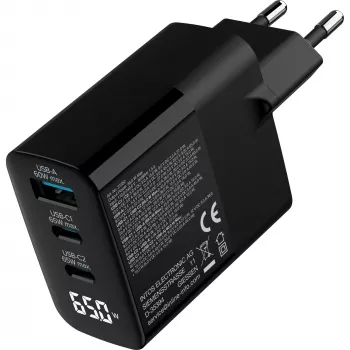 Fuente de alimentación USB PD InLine, cargador GaN, 3 puertos, USB-C + USB-A, 65 W, con pantalla