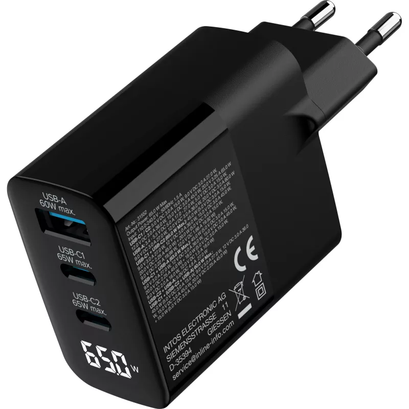 Fuente de alimentación USB PD InLine, cargador GaN, 3 puertos, USB-C + USB-A, 65 W, con pantalla