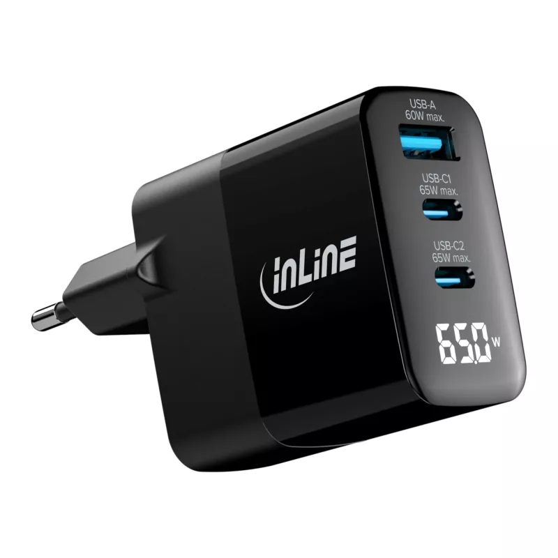 Fuente de alimentación USB PD InLine, cargador GaN, 3 puertos, USB-C + USB-A, 65 W, con pantalla