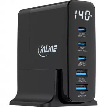 Fuente de alimentación USB PD InLine, cargador GaN, 5 puertos, USB-C + USB-A, 140W, con indicador