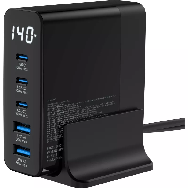 Fuente de alimentación USB PD InLine, cargador GaN, 5 puertos, USB-C + USB-A, 140W, con indicador