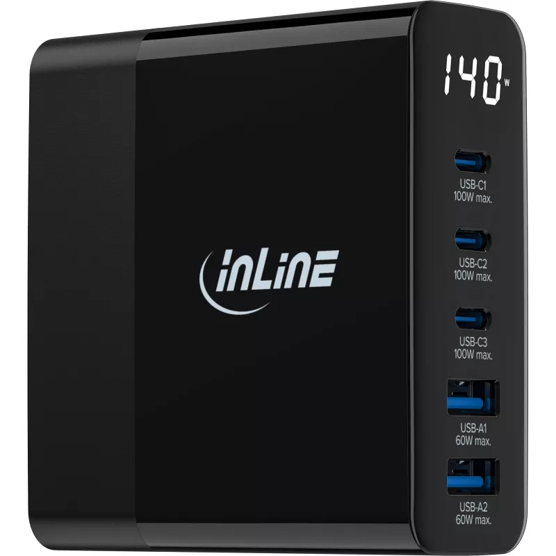 Fuente de alimentación USB PD InLine, cargador GaN, 5 puertos, USB-C + USB-A, 140W, con indicador
