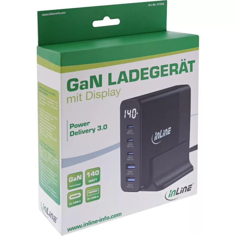Fuente de alimentación USB PD InLine, cargador GaN, 5 puertos, USB-C + USB-A, 140W, con indicador