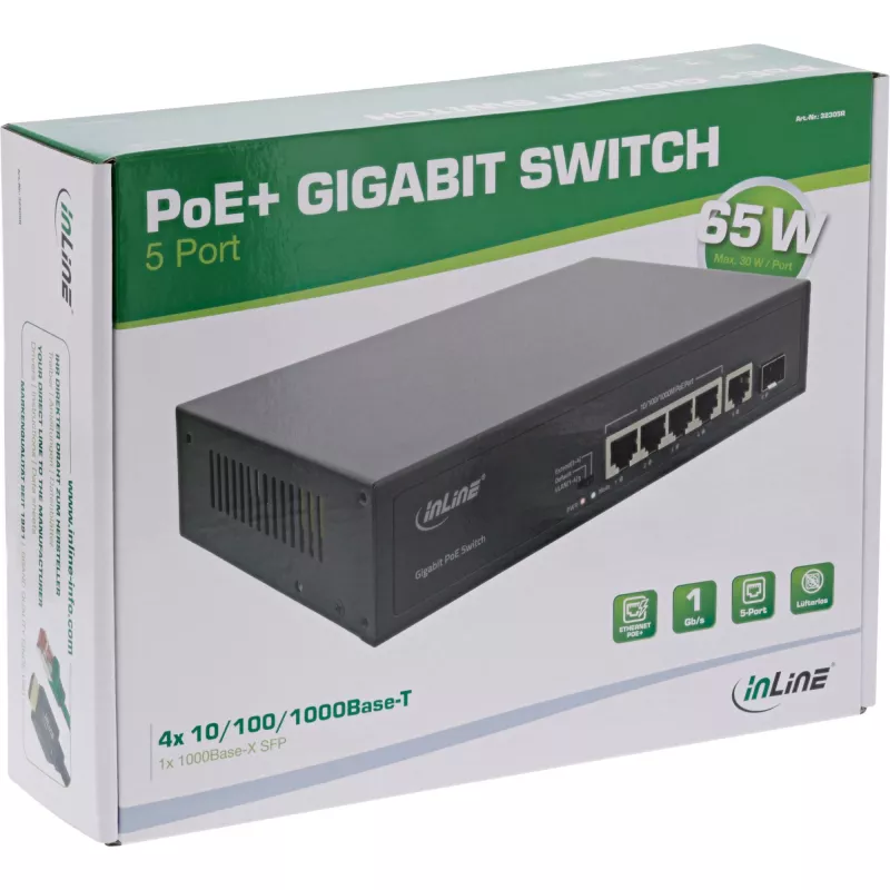 Switch no gestionado InLine PoE+ Gigabit Network Switch 5 puertos 4x PoE+ 1xSFP 1Gb/s sobremesa