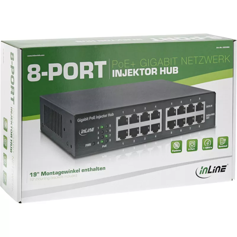 Hub inyector de red InLine PoE+ Gigabit 8 puertos (8x PoE+), 1 Gbit/s, 19 inch 1U