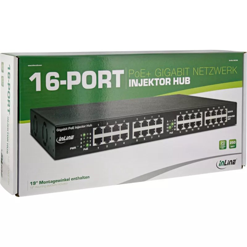 Hub inyector InLine PoE+ Gigabit 16 puertos PoE+, 19