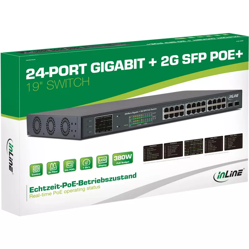 Switch de red InLine PoE+ Gigabit 24 puertos, 1 Gb/s, 2xSFP, 19