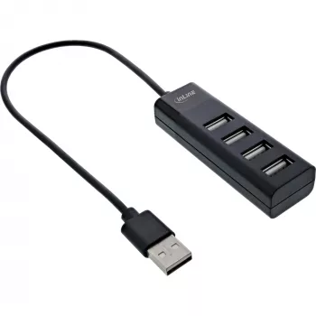 Hub USB 2.0 InLine de 4 puertos, conector macho Type-A a 4x conector hembra Type-A, negro, 30 cm, fino