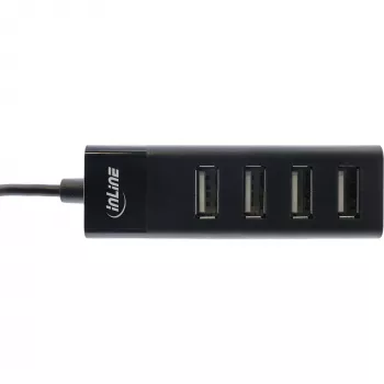 Hub USB 2.0 InLine de 4 puertos, conector macho Type-A a 4x conector hembra Type-A, negro, 30 cm, fino