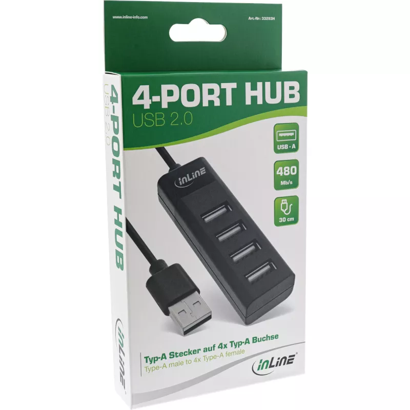 Hub USB 2.0 InLine de 4 puertos, conector macho Type-A a 4x conector hembra Type-A, negro, 30 cm, fino