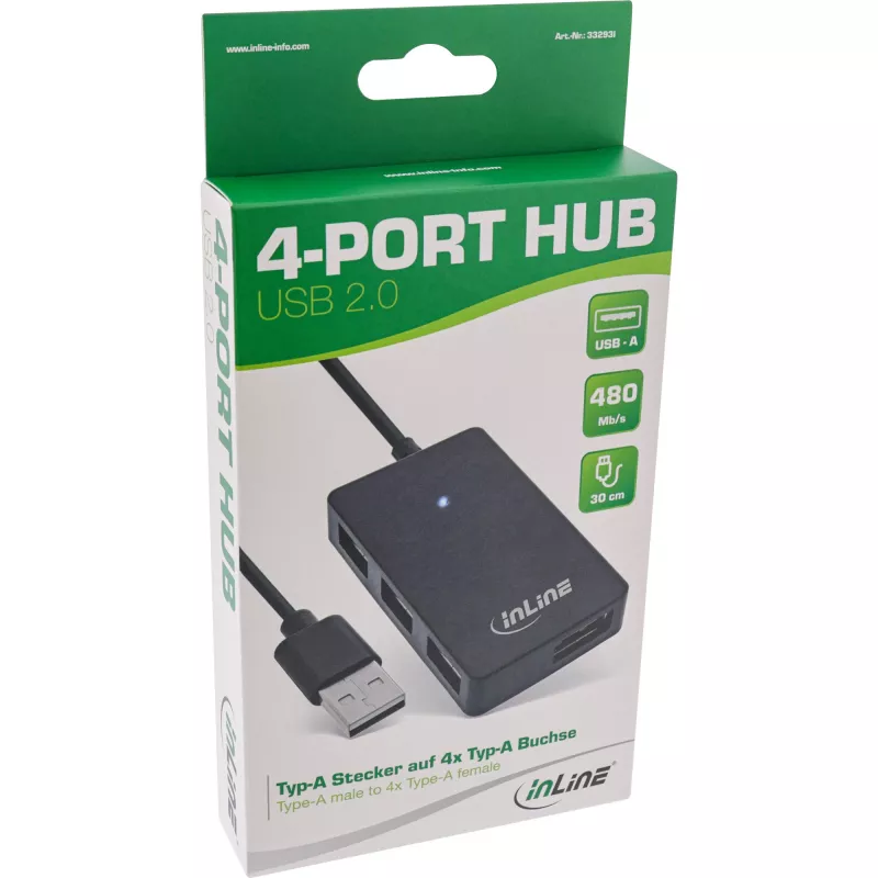 Hub USB 2.0 InLine de 4 puertos, conector macho Type-A a 4x conector hembra Type-A, negro, 30 cm