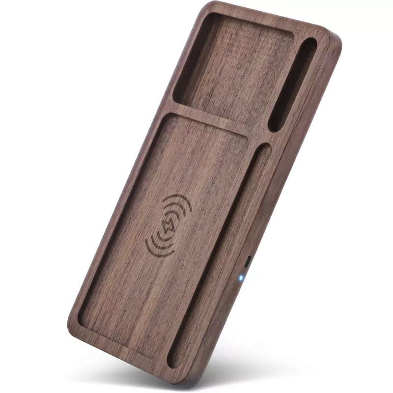 Organizador InLine WoodCharge con superficie de carga Qi y fuente de alimentación USB