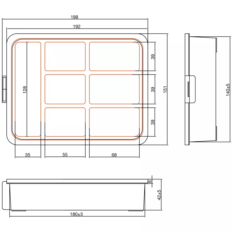 Caja de material pequeño InLine, 7 compartimentos, 180 x 140 x 40 mm, naranja